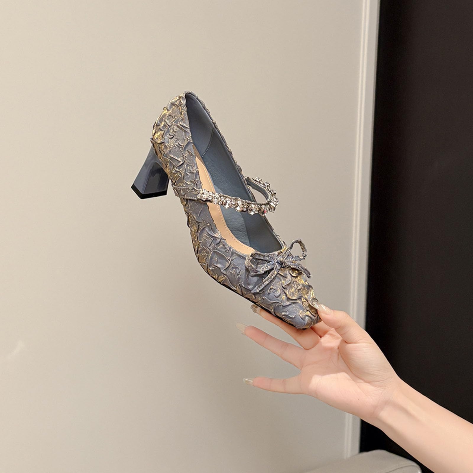 Zapatos de tacón Alto de Mujer Pliegues Strass Lazo Correas 6CM Elegantes