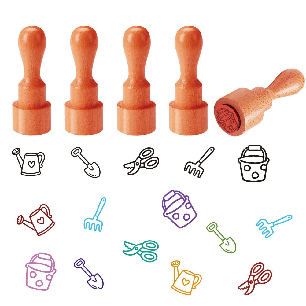 AHANDMAKER 5 Styles Gardening Wooden Rubber Stamp, Garden Tool Patterns Cute Garden Round Rubber Stamp for DIY Making Scrapbooking Card Stamping Pottery Clay Crafting