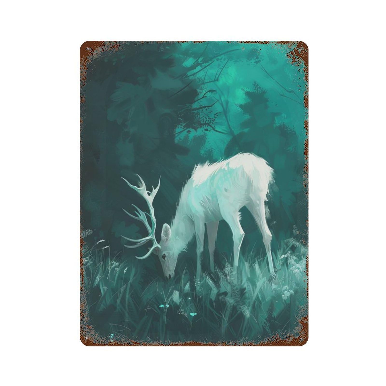 Garage Style White Deer in Forest Distressed Metal Wall Sign 15.7"x11.8", Retro Wall Decor for Bar And Workshop