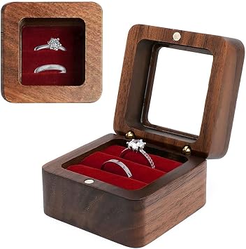 Wooden Ring box,Clear Skylight Ring Case,Solid Wood Square Jewelry Storage Box-ring bearer pillow for Wedding Ceremony, Engagementred velvet