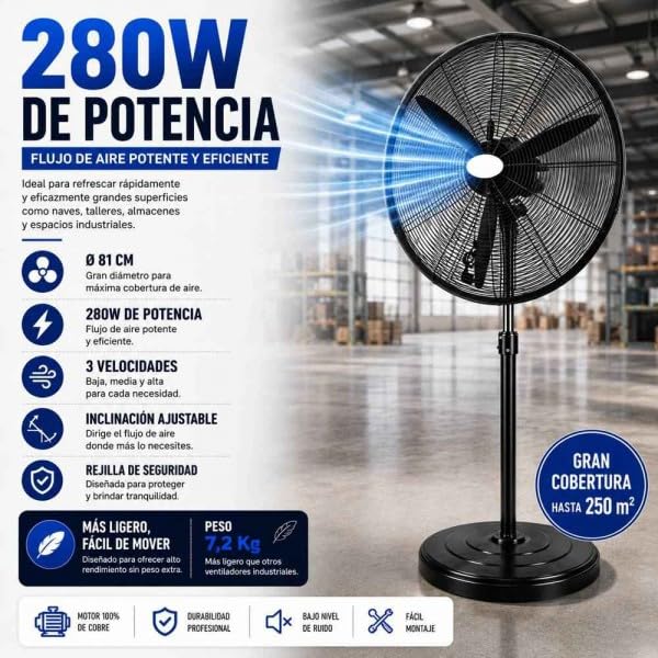 Bilake Ventilador de Pie Industrial Tormenta Metal | Altura Regulable 155-185cm | Motor AC 3 Velocidades | Oscilante y Fijo | Cabezal Orientable | Talleres y Naves (280W | 81Ø cm)