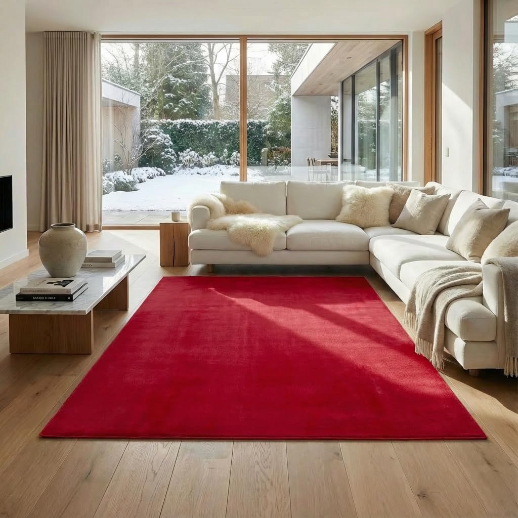 Jimri Flauschiger Teppich Läufer - Hochwertiger Kurzflor für Zuhause, Büro, Küche, Eingang, Flur, Wohnzimmer - Maschinenwaschbar - Rutschfester Teppich Waschbar - 80x150 cm - Rot