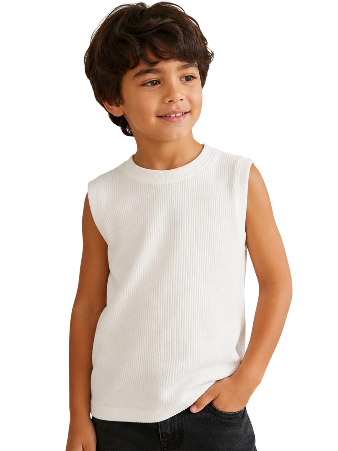 Boys Waffle Textured Round Neck Sleeveless Vest-image-49