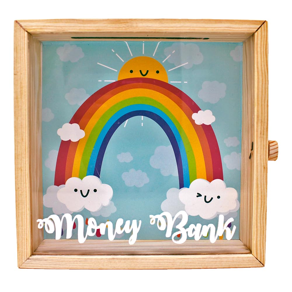 The Rosette Imprint Square Wooden Transparent Piggy Bank, Money Bank, for Kids and Children - Rainbow (B098QL8YX1) Amazon Price History, Amazon Price Tracker