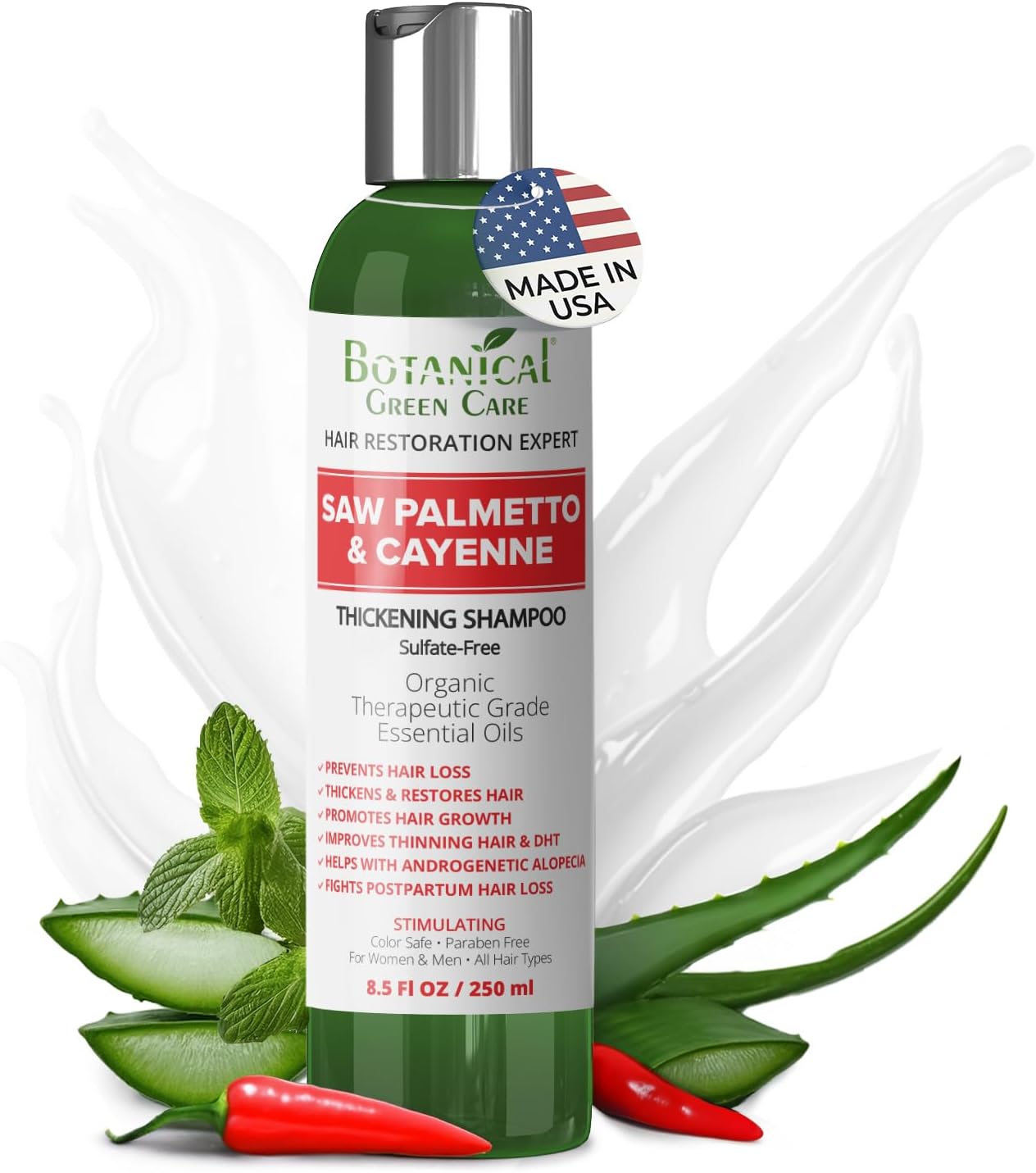 Botanical Green Care Hair Growth/Anti - Hair Loss Sulfate-Free SHAMPOO โSaw Palmetto & Cayenneโ. Alopecia Prevention and DHT Blocker. Doctor Developed. NEW 2018 FORMULA!