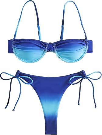 YAUASOPA Underwire Bikini Top V-Wired Ruched Swimwear Two Piece Gradient Bikini Sets Tie Side Bathing Suits