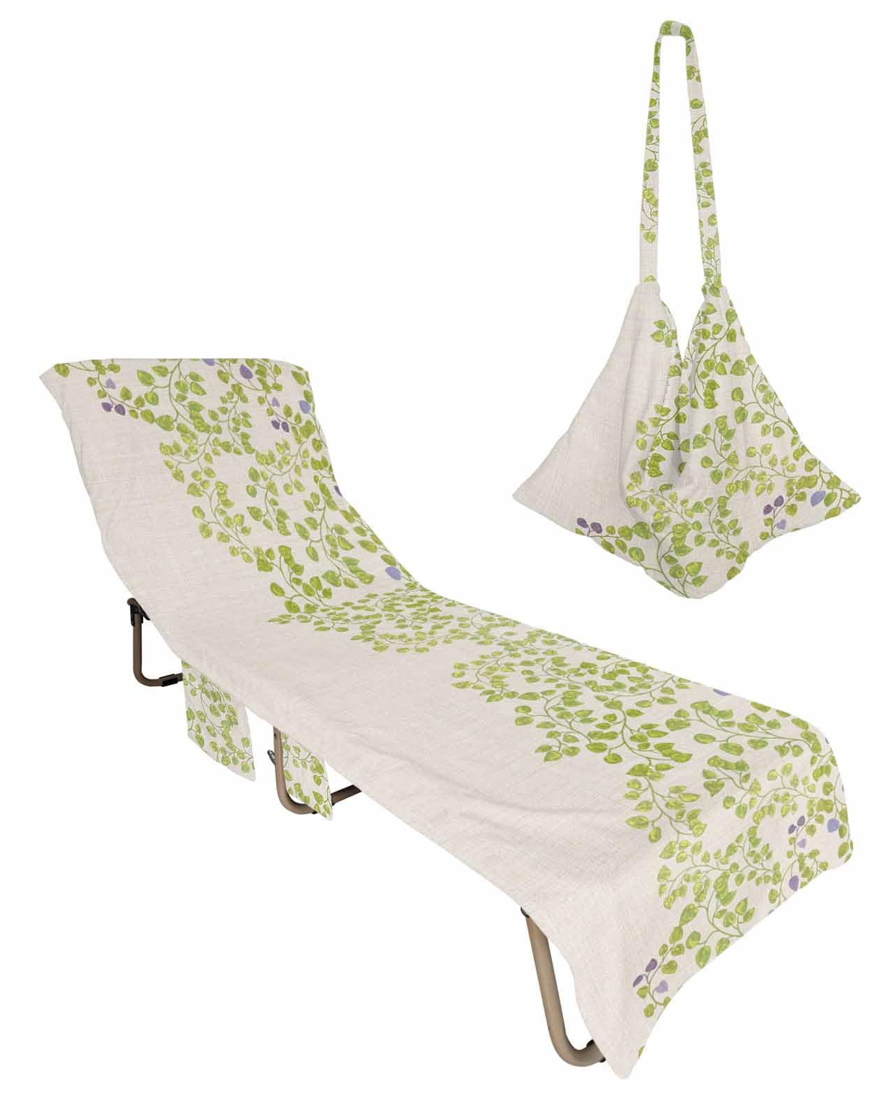 Botanical Leaves Beach Chair Towel Covers for Chaise Lounge With Side Pocket, Soft Plush Pool Towels Cover for Patio Sunbathing Outdoor 29''x85'' Rustic Plant Spring Summer Green