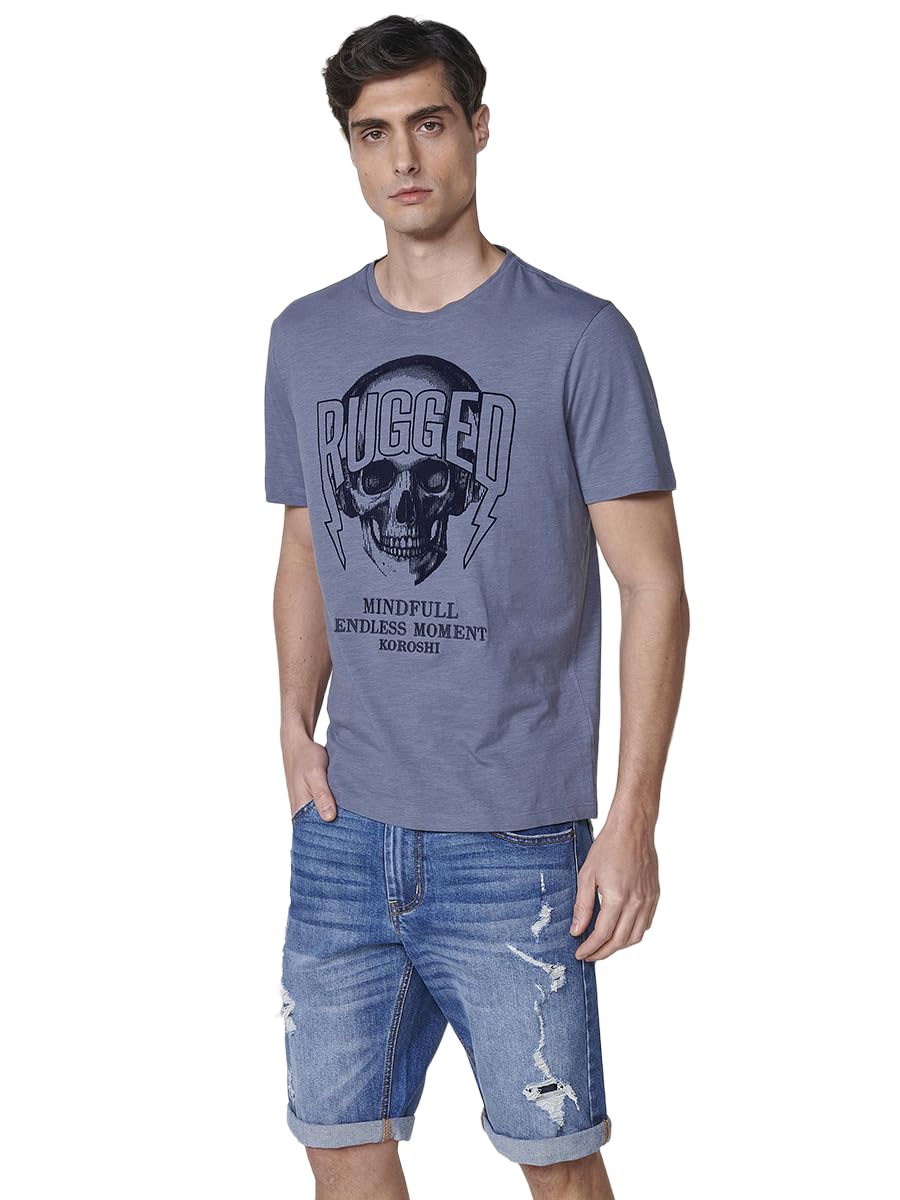 Koroshi Camiseta Hombre Manga Corta Estampada Cuello Redondo Índigo, de Color Indigo Blue, Talla L