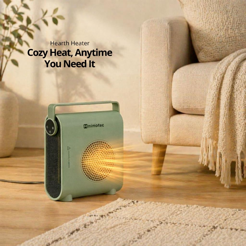 M Mimotec Grzejnik ceramiczny Green Hearth 2000 W, 3 tryby (wentylator/niski/wysoki), regulowany termostat, cichy <60 dB, z pilotem, timerem i zabezpieczeniem przed przewróceniem