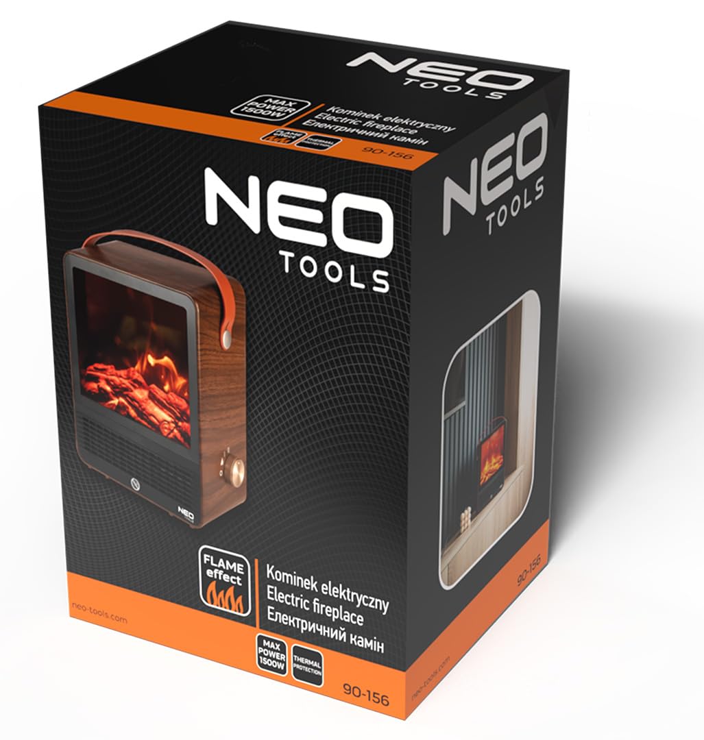 NEO TOOLS Caminetto elettrico, 1500 W, riscaldamento indipendente | Con effetto fiamma realistico, 2 livelli di calore e protezione da surriscaldamento, ideale per ambienti accoglienti