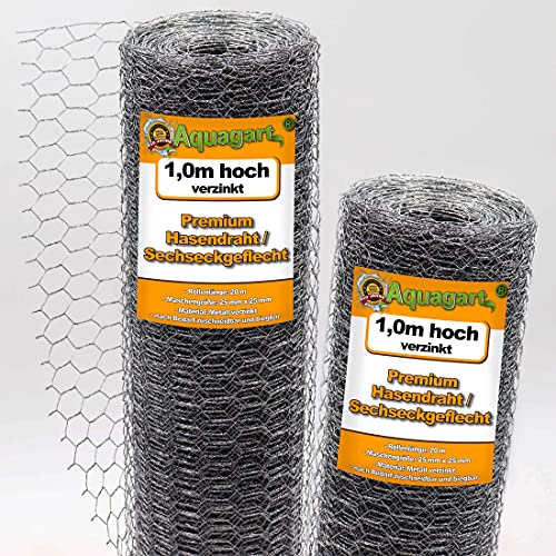 Aquagart Malla de alambre de 20 m, malla hexagonal galvanizada, valla para gallinas, conejos, malla fina de 25 mm x 25 mm, malla de alambre hexagonal de 0,9 mm, 100 cm de alto