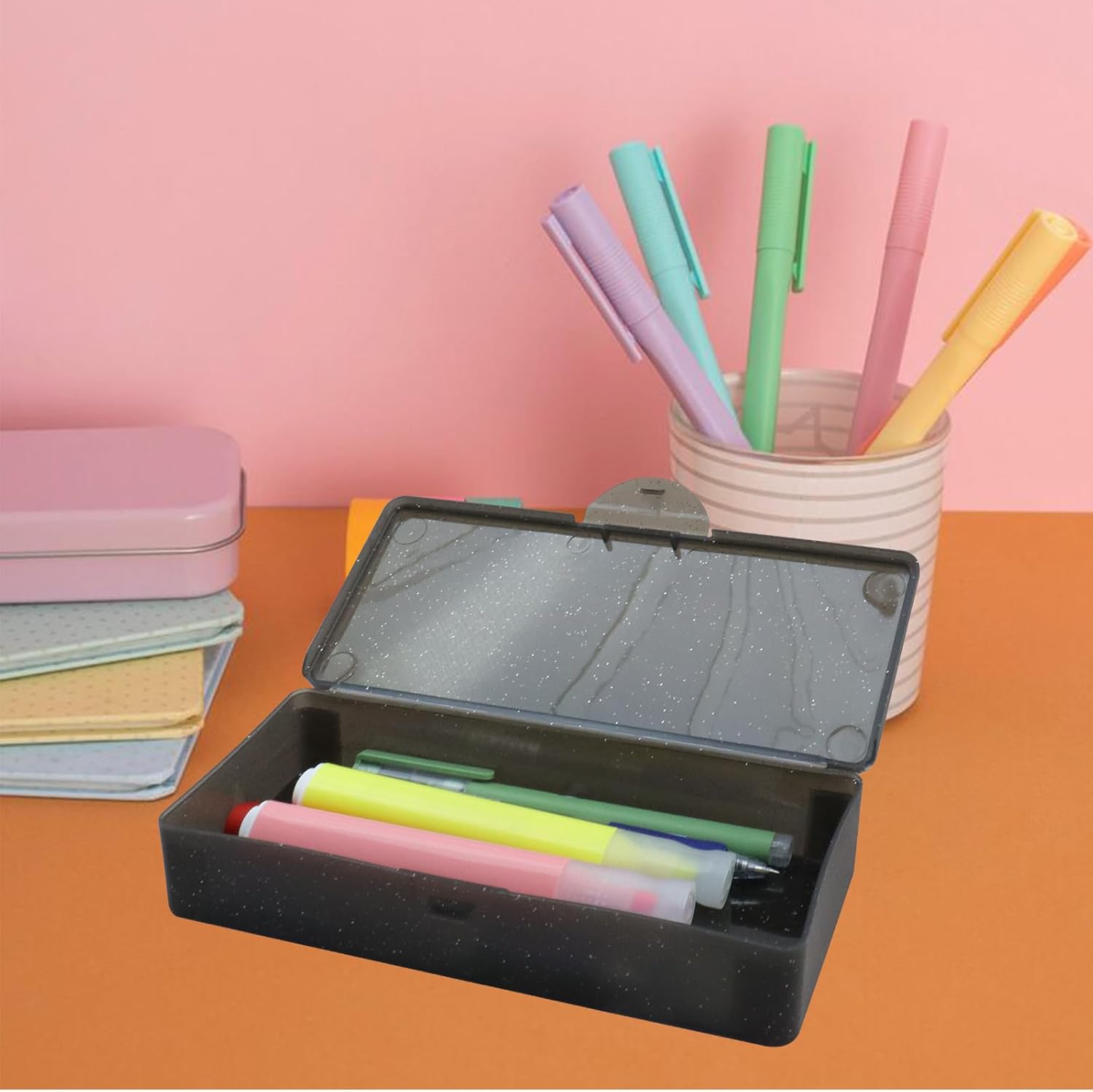 2PCS Large Capacity Pencil Box Plastic Pencil Case (Frosted Black)
