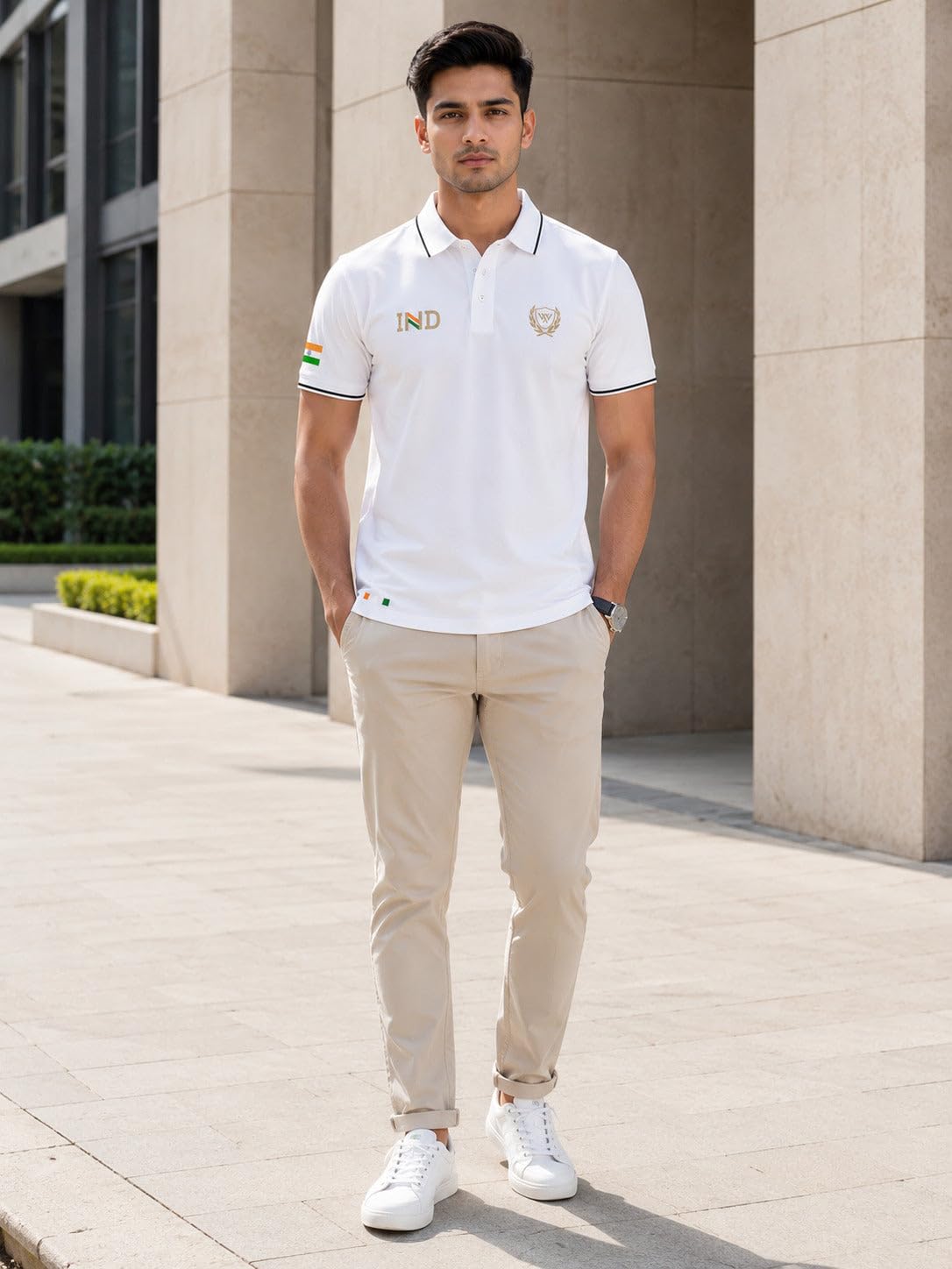WarriorWorld Tricolor IND Print Polo T-Shirt - Black | Cotton-blend polo, tipped collar & cuffs. IND tricolor print, laurel logo emblem. Regular fit.-image-24
