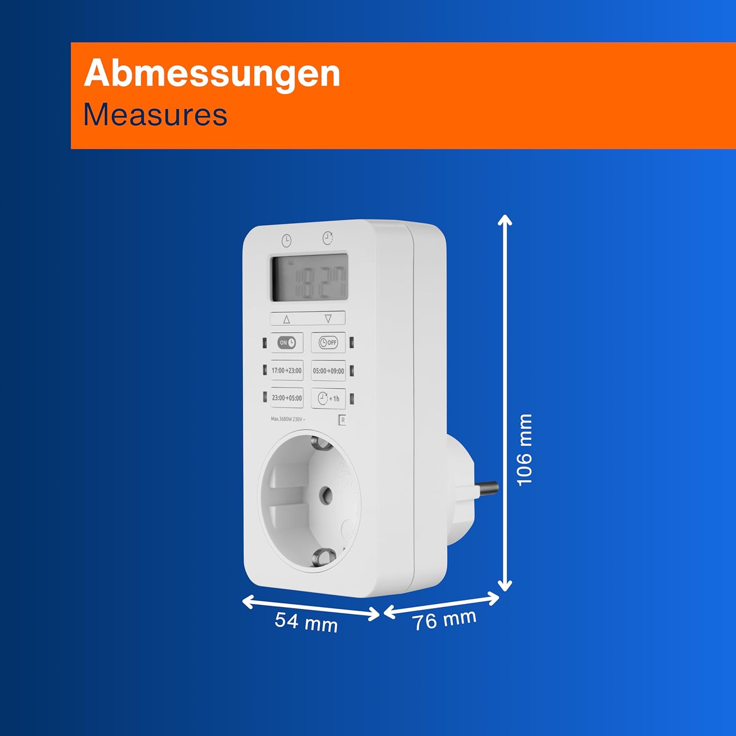 Diagram showing the dimensions of the REV Digital Timer: 54mm width, 76mm depth, 106mm height.