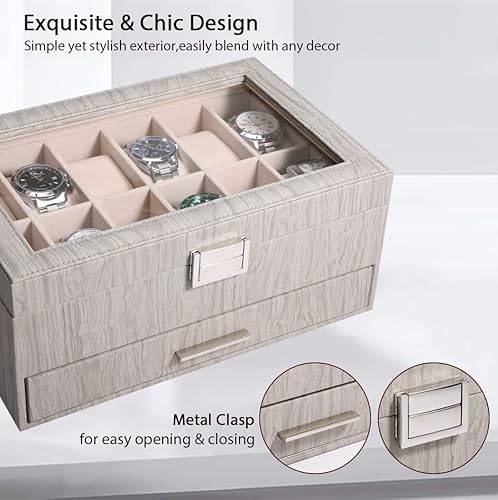 Miniatura 3 de Voova Caja Organizadora de Relojes y Joyas para Hombres y Mujeres, Estuche de Almacenamiento de Relojes de Cuero con 12 Compartimentos, Soporte