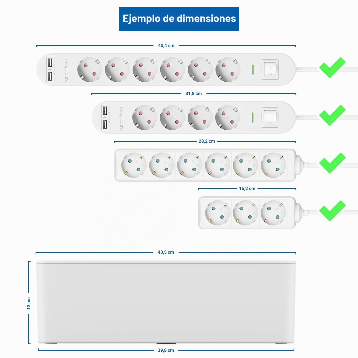 deleyCON Caja para Gestionar Caja Organizadora de Cables 40,5cm x 15,3cm x 13cm Plástico Robusto 2 Guías de Cables Protección y Seguridad Blanco