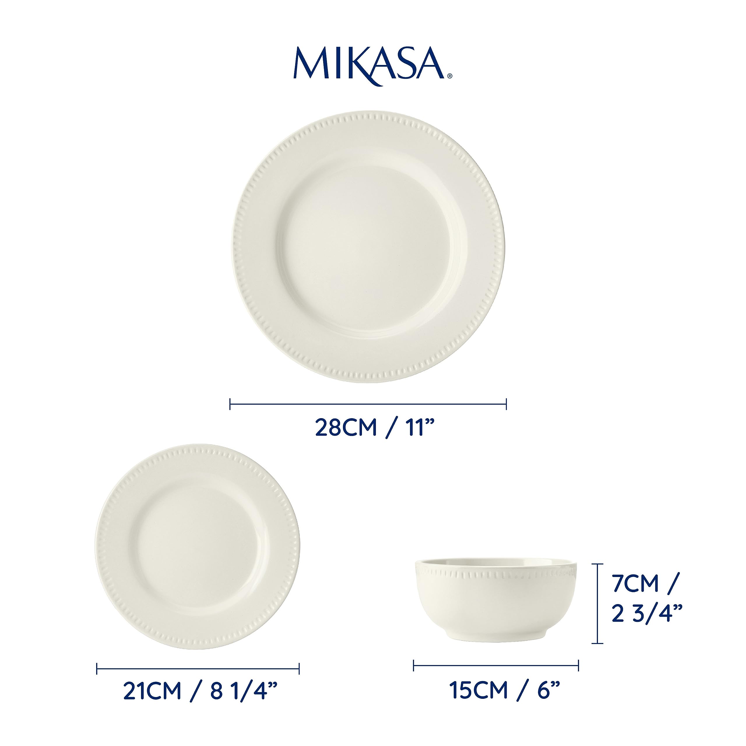 Mikasa Cranborne Set di piatti 12 pz in gres, crema, confezione regalo per 4 persone con piatti piani, piatti piccoli e ciotole per cereali - Lavabile in lavastoviglie e nel microonde