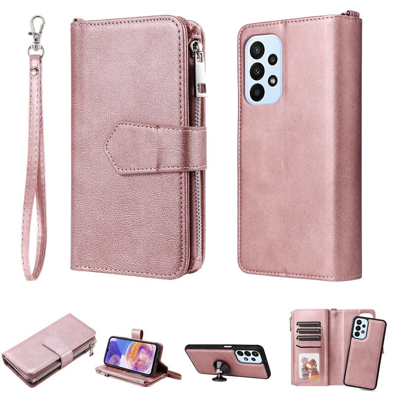 Étui portefeuille cuir iPhone 14 Pro Max antichoc rose doré rabat magnétique 6,7 pouces
