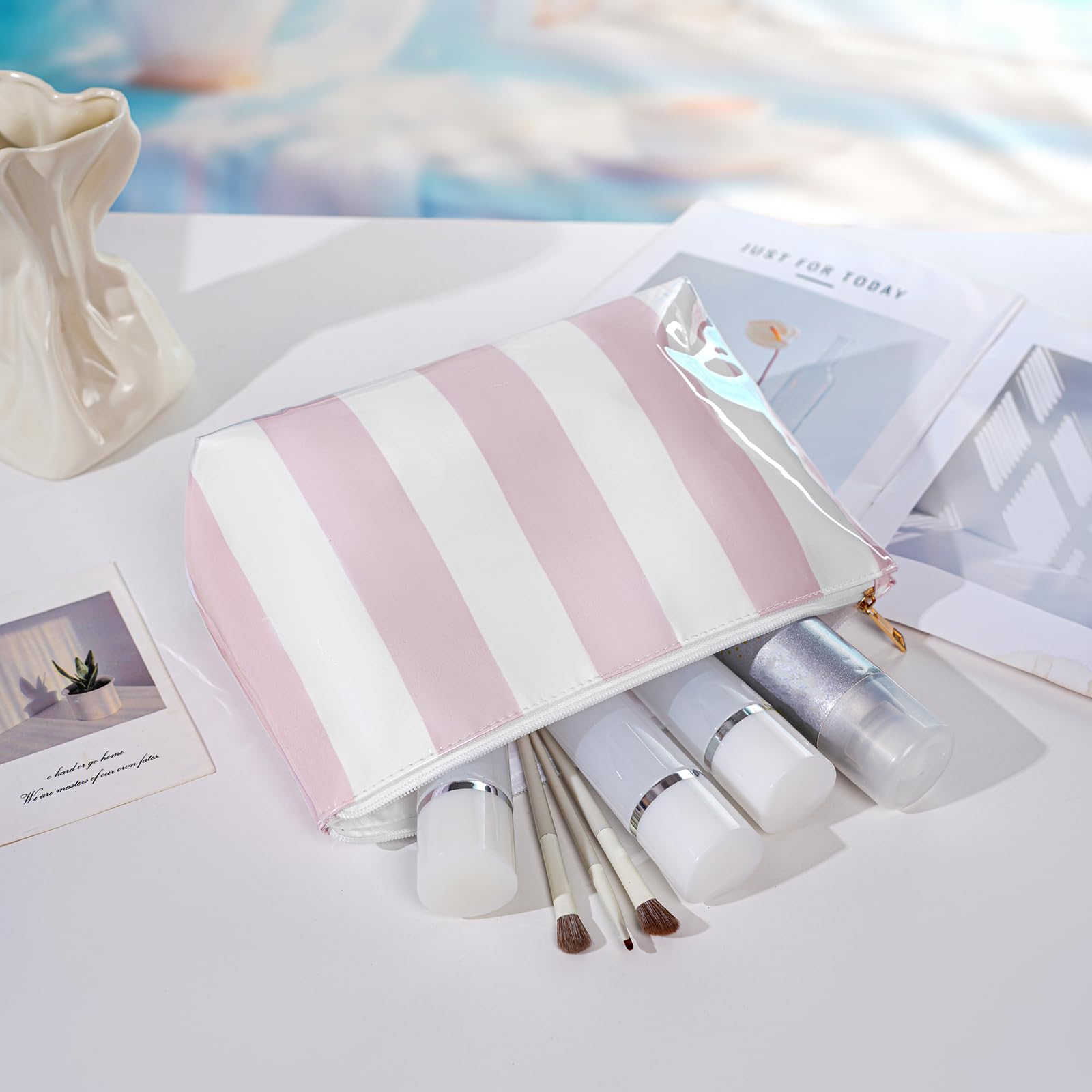 Grande borsa per il trucco a righe in PVC, impermeabile, con rivestimento trasparente, facile da pulire, organizer da viaggio con cerniera, borsa essenziale per vacanze al mare, per donne e ragazze
