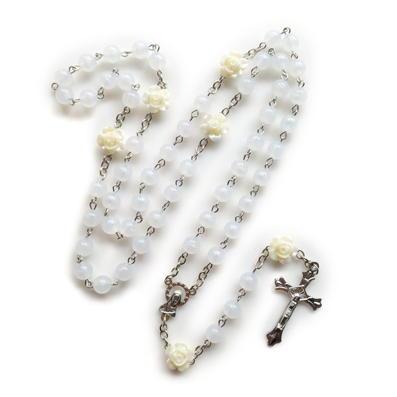 Maxtonser 8mm Rosary Beads Flower Necklace with Crucifix for Pendant Necklaces Glow in Dark Jewelry for Men Women