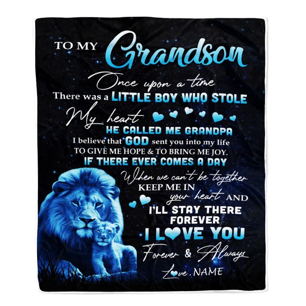 TeesNow Personalized to My Grandson Lion Blanket from Grandpa I'll Stay There Forever Grandson Birthday Graduation Christmas Customized Bed Quilt Fleece Blanket (60 x 80 in Adult Size)