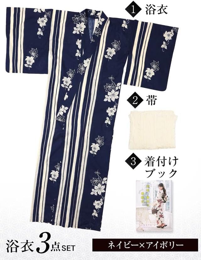 dazzy] 浴衣 3点 セット レディース ストライプ × 百合 柄 2024 紺