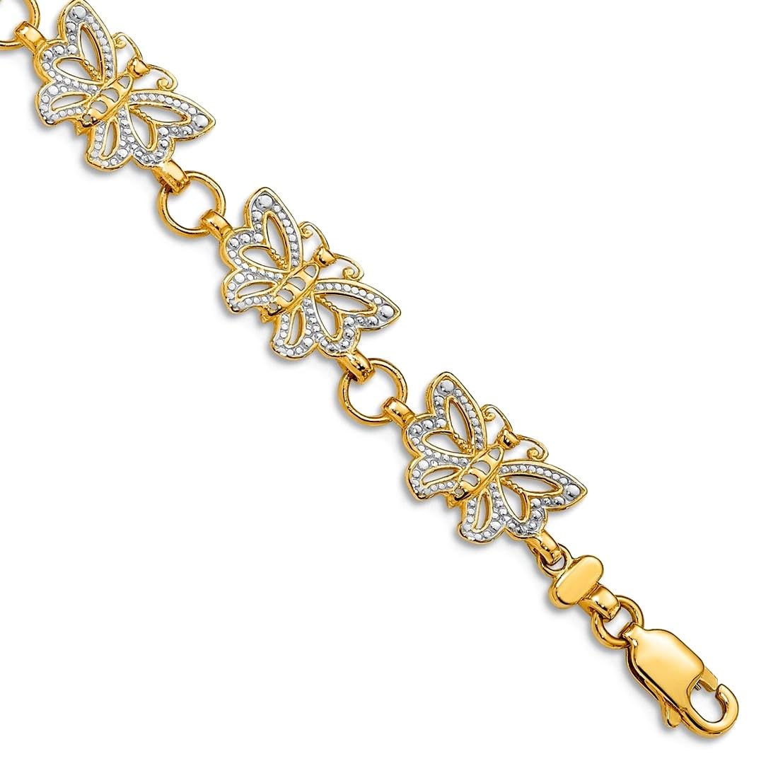 JewelryWeb 14k Yellow Gold Textured Polished and Rhodium Butterfly Angel Wings Bracelet 7 Inch Lobster Claw 8mm Wide Link Bracelet for Women