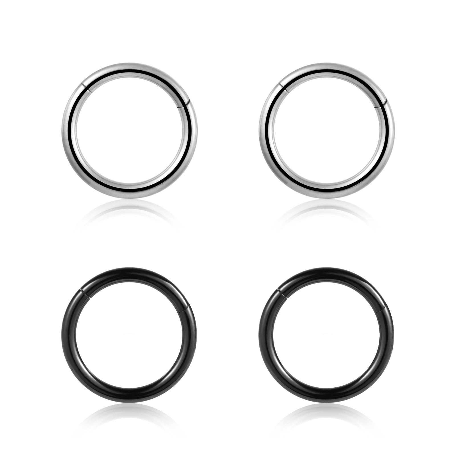 SEVEN LADY4Pcs 16G 18G 20G Surgical-Steel-Piercing-Ring-Nose-Rings-Hinged-Hoop-Earrings,6mm 8mm 10mm 12mm Seamless Stainless Steel Clicker Eyebrow Septum Piercing Hoop,Sliver Black Gold Rose Gold Rainbow Body Jewelry Set