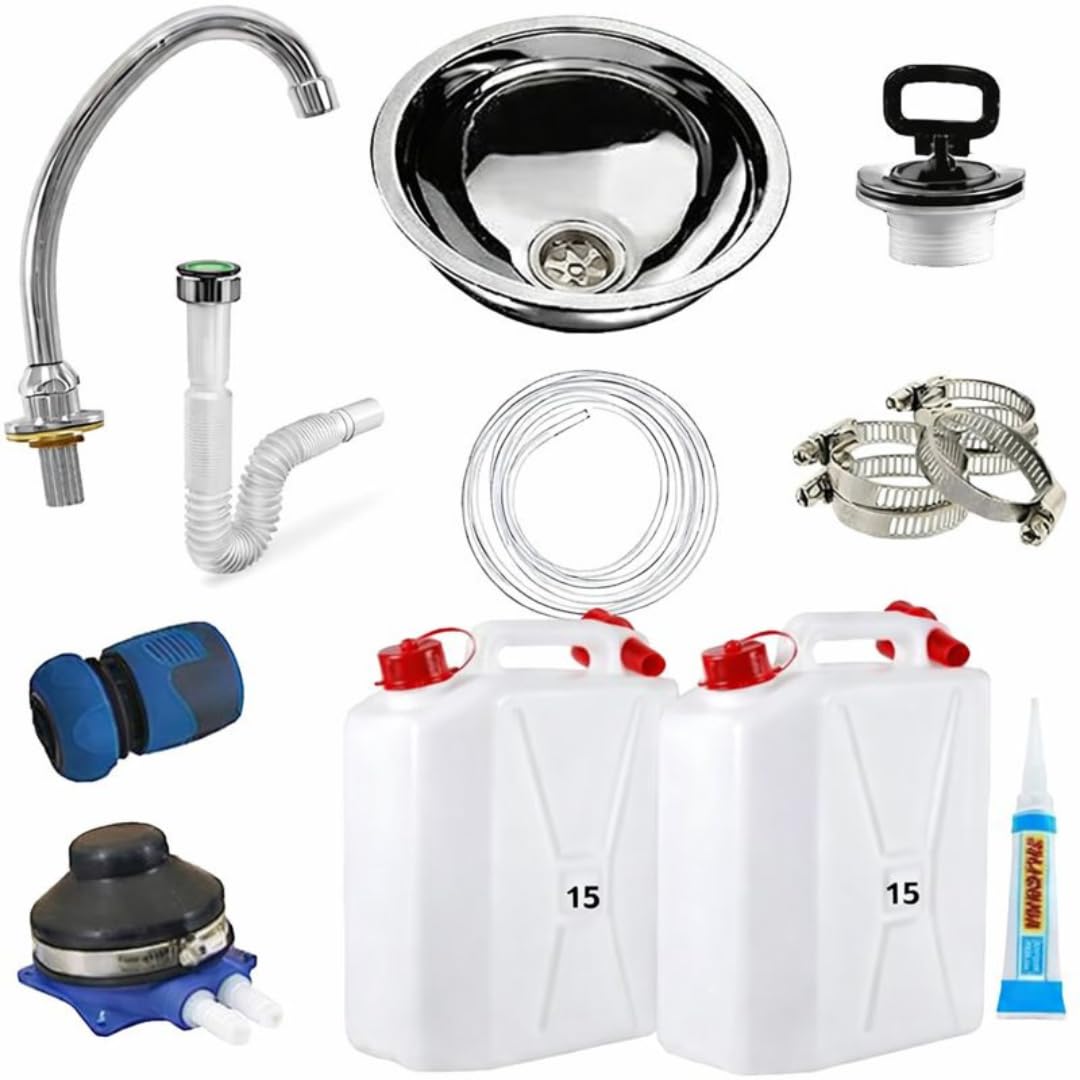Express Water Kit, Kit per Costruire Lavandino Lavabo Lavello, Portatile Autonomo Trasportabile, con Serbatoio d'Acqua, in Acciaio Inox, con Comando a Pedale, per il Fai da Te, Completo di Accessori