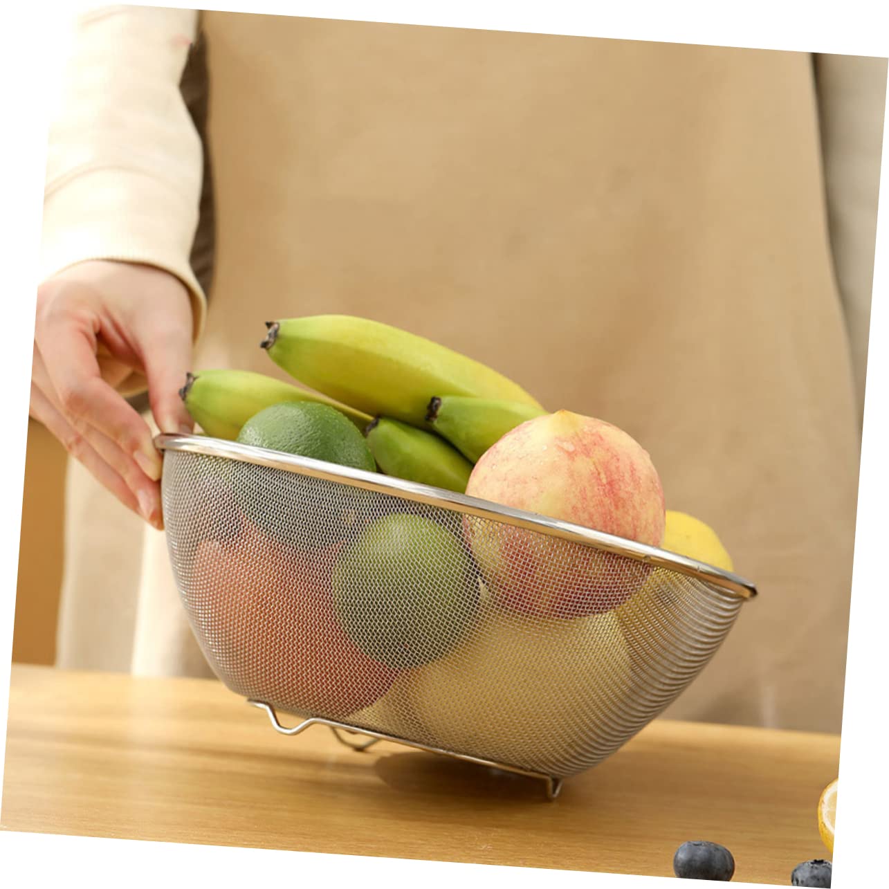 Set 2 Pezzi Scolapasta e Ciotola per Lavare Riso in Acciaio Inox, Fondo Piatto, Drenaggio Stabile per Cucina e Casa