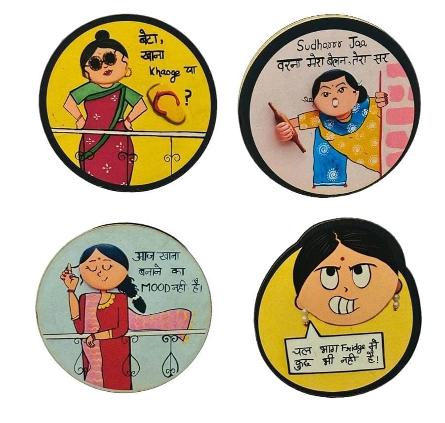 Image of CAPIO ART MDF Wooden Fridge Magnet Set of 4 | Funny Quotes Multipurpose Magnets for Fridge, Door & Office | Trendy Aesthetic Sleek Designer Decorative Magnets Multicolour