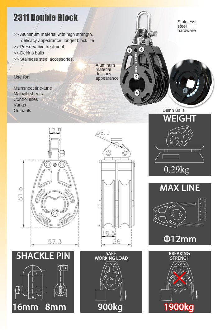 Blue Shark 2311-57 mm Fixed Double Aluminum Sailing Block - Max Line: 7/16” (12 mm), Safe Working Load (SWL): 1980 lbs (900kg), Breaking Load: 4180 lbs (1900 kg)