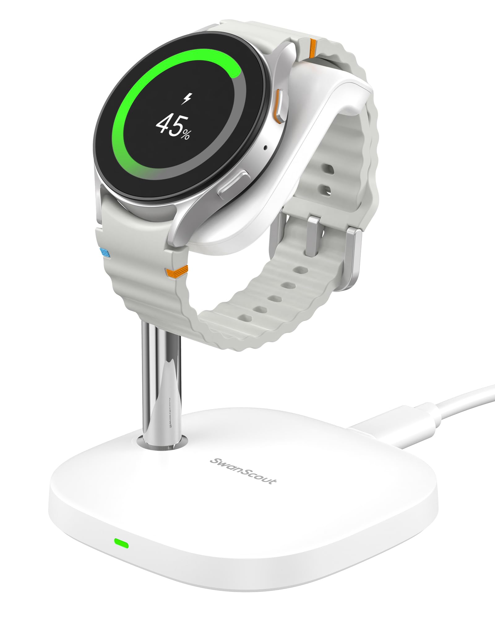 Charging Stand for Samsung Galaxy Watch, Fast Charging for Samsung Galaxy Watch Ultra(2025)/8/8 Classic/ 7/Ultra/6/6 Classic/5/5 Pro/4/3/Active 2, SwanScout 505S (White)