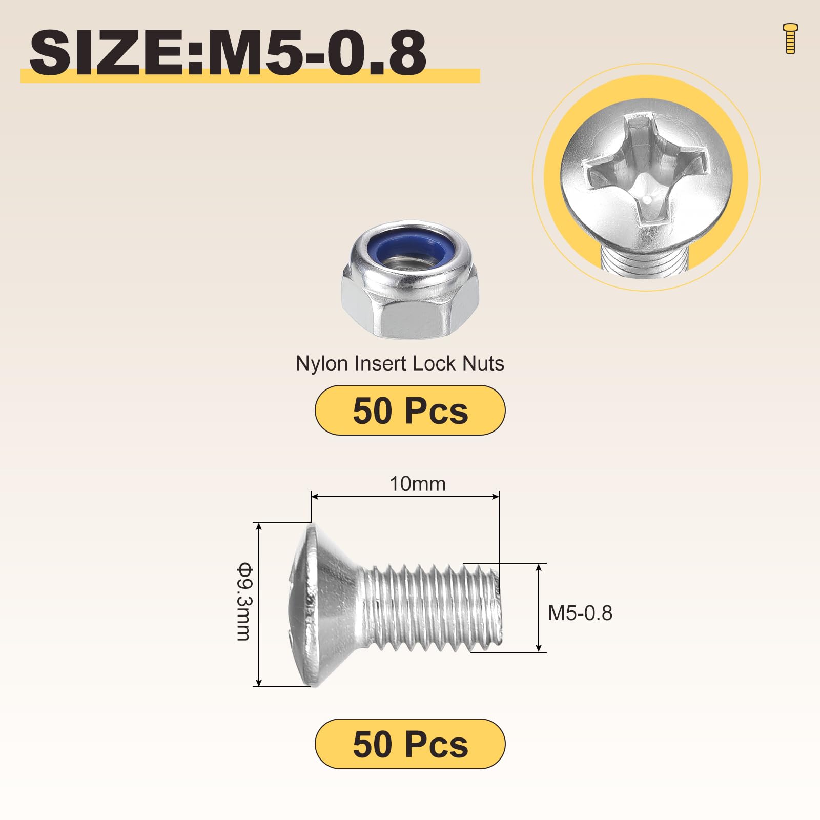 METALLIXITY Phillips Cross Flat Round Head Machine Screw with Nylon Insert Lock Nut Kit (M5-0.8x10) 100Pcs - Image 2