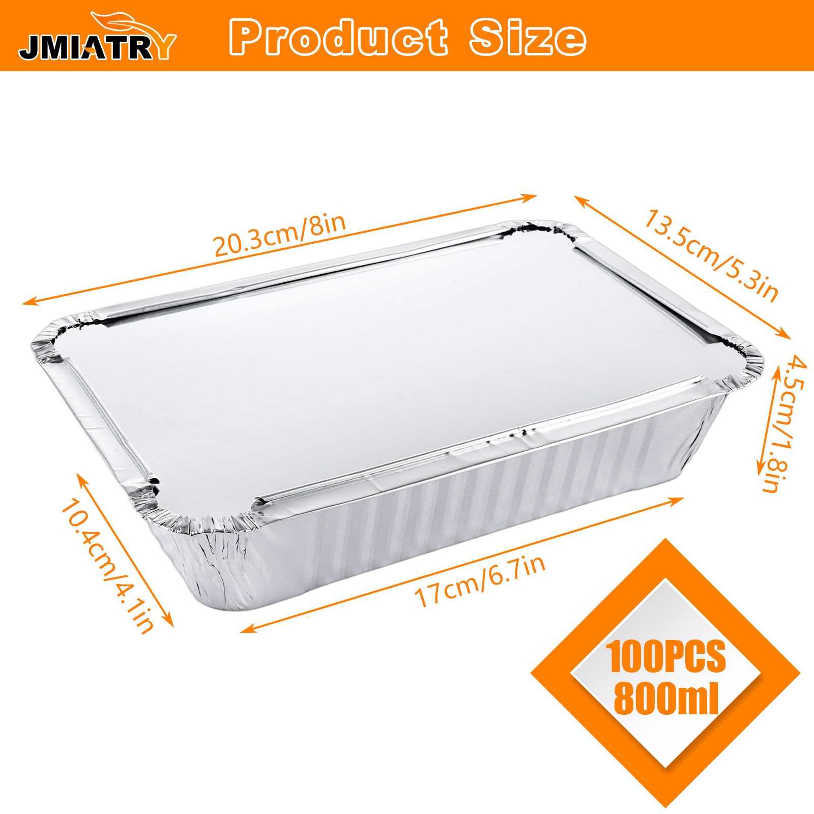 JMIATRY 100 vassoi in alluminio con coperchi, 21 x 14 x 5 cm, contenitori usa e getta con coperchio, 800 ml, vassoi da asporto per conservare alimenti, arrostire, cuocere, grigliare e congelare