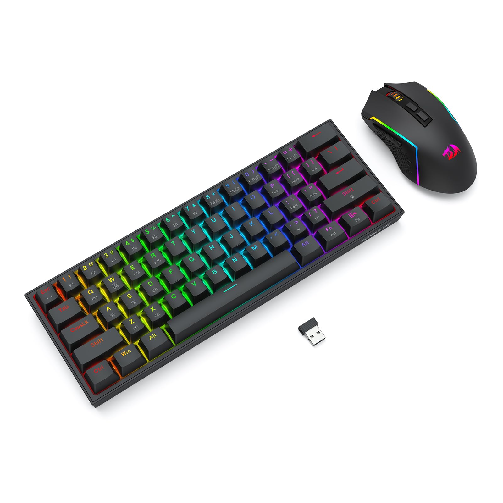 Redragon S144 Combo Teclado Ratón Inalámbrico 60% Dongle Compartido | combo teclado ratón gaming 60% K617 3 modos RGB ratón 7200DPI dongle compartido práctico