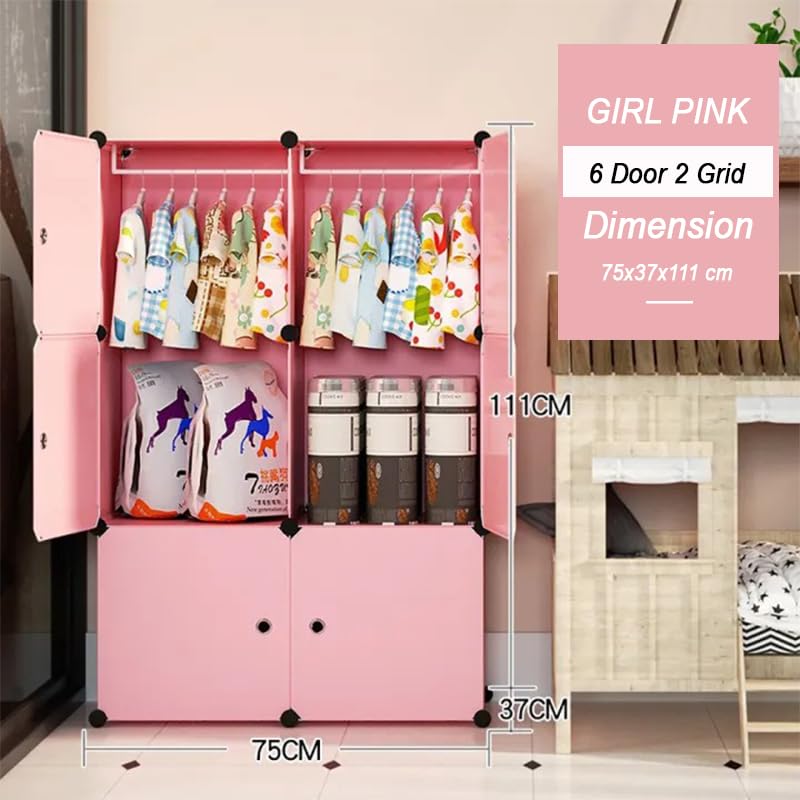Image of EXVITO 6 Door Kids Plastic Wardrobe for Clothes, Foldable Plastic Almirah for Clothes, Collapsible Wardrobe for Storage, Baby Cupboard for Clothes, Storage Rack for Kids - Pink