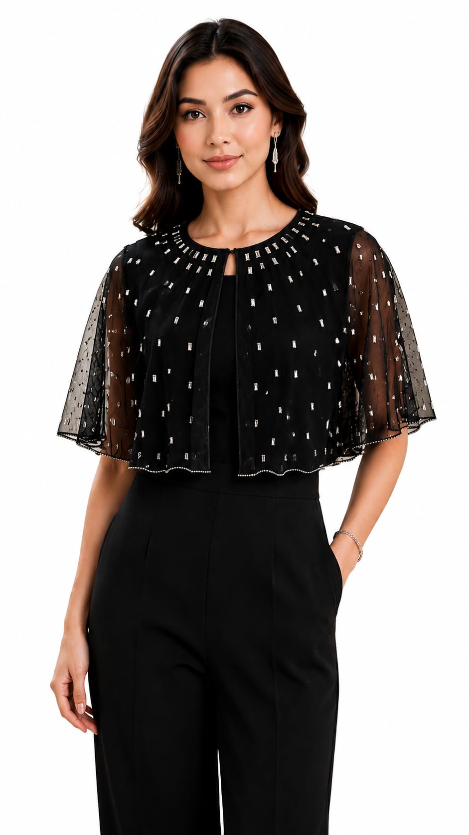 Women's Beaded Mesh Cape, Black Sheer Overlay with Rhinestones-picture-33