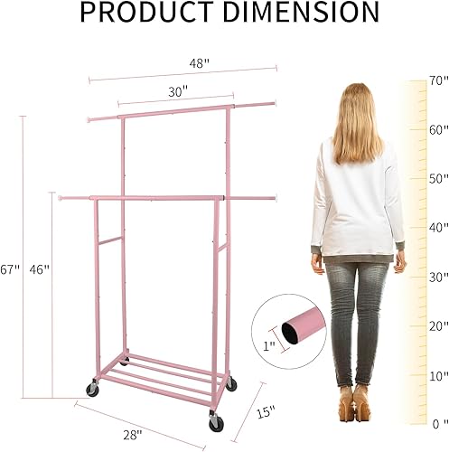 Miniatura 2 de Perchero portátil de doble barra rosa con organizador de ropa con ruedas bloqueables para mujeres Gilr, 48 pulgadas de ancho x 15 pulgadas de