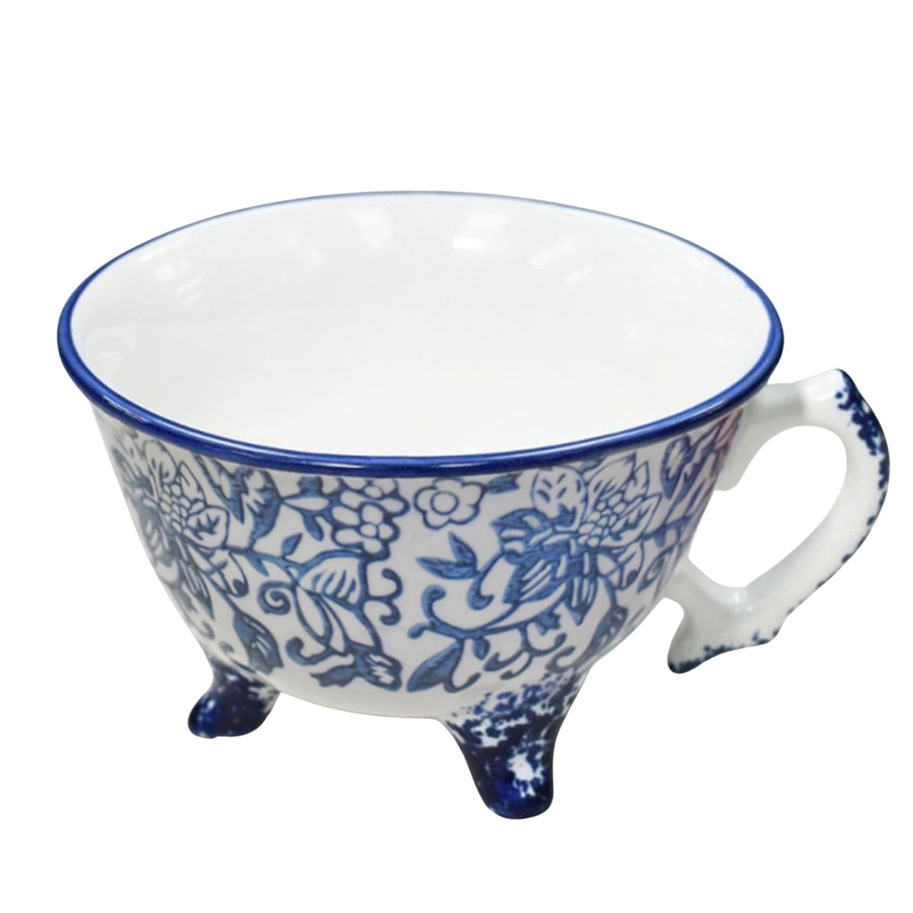 Black Country Metal Works White and Blue 'Willow' Traditional Three Feet Ceramic Tea Cup | Hand-Painted Design, 250 ml Capacity, Ceramic Three-Footed Vintage Style Mug, Unique Design & Gift