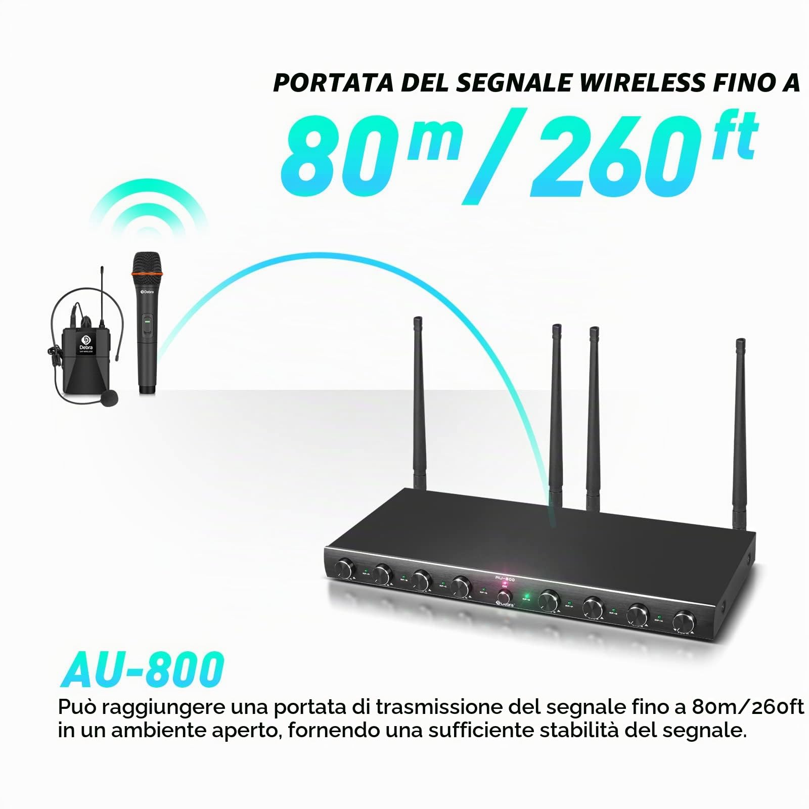 D Debra Audio AU800 Pro Sistema microfonico wireless UHF a 8 canali con microfoni palmari cordless, ricevitore in metallo, ideale per il karaoke e le feste in chiesa