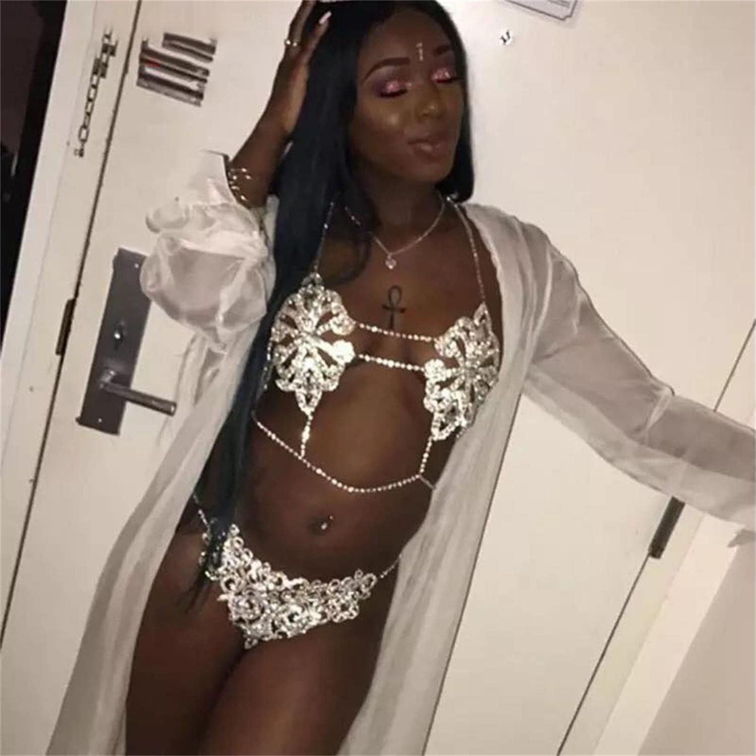 Frau Sexy Körperkette,übertrieben Mehrschichtige Brustkette Glänzend Diamant BH Höschen Kette Kristall Bikini Dessous Schmücken Brustschmuck for Frauen