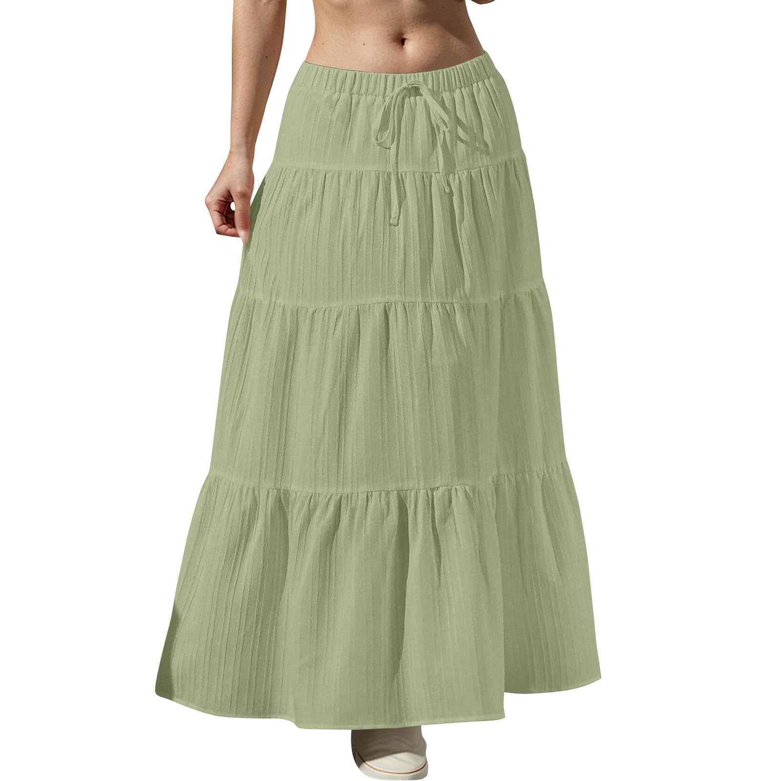 Tiered Long Skirts for Women Summer Vacation A-Line Pleated Skirt Drawstring High Waisted Flowy Swing Maxi