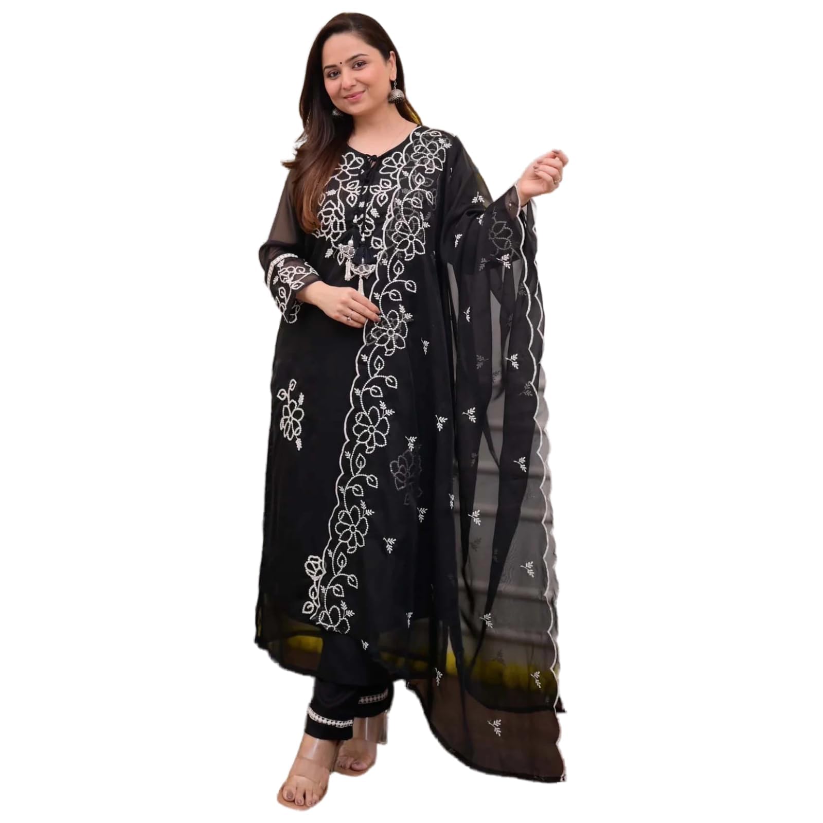 twinlight Women's Blooming Salwar Suit Set | Round Neck 3/4 Sleeves Embroidered Straight Length Kurta and Elastic Waistband Pant with Jacquard Border Dupatta (IN, Alpha, 3XL, Regular, Black)-picture-19
