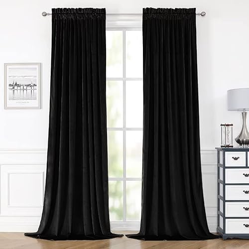 YURIHOME Cortinas opacas de terciopelo negro de 90 pulgadas para dormitorio, con aislamiento térmico, oscurecimiento de la habitación, bloqueo solar