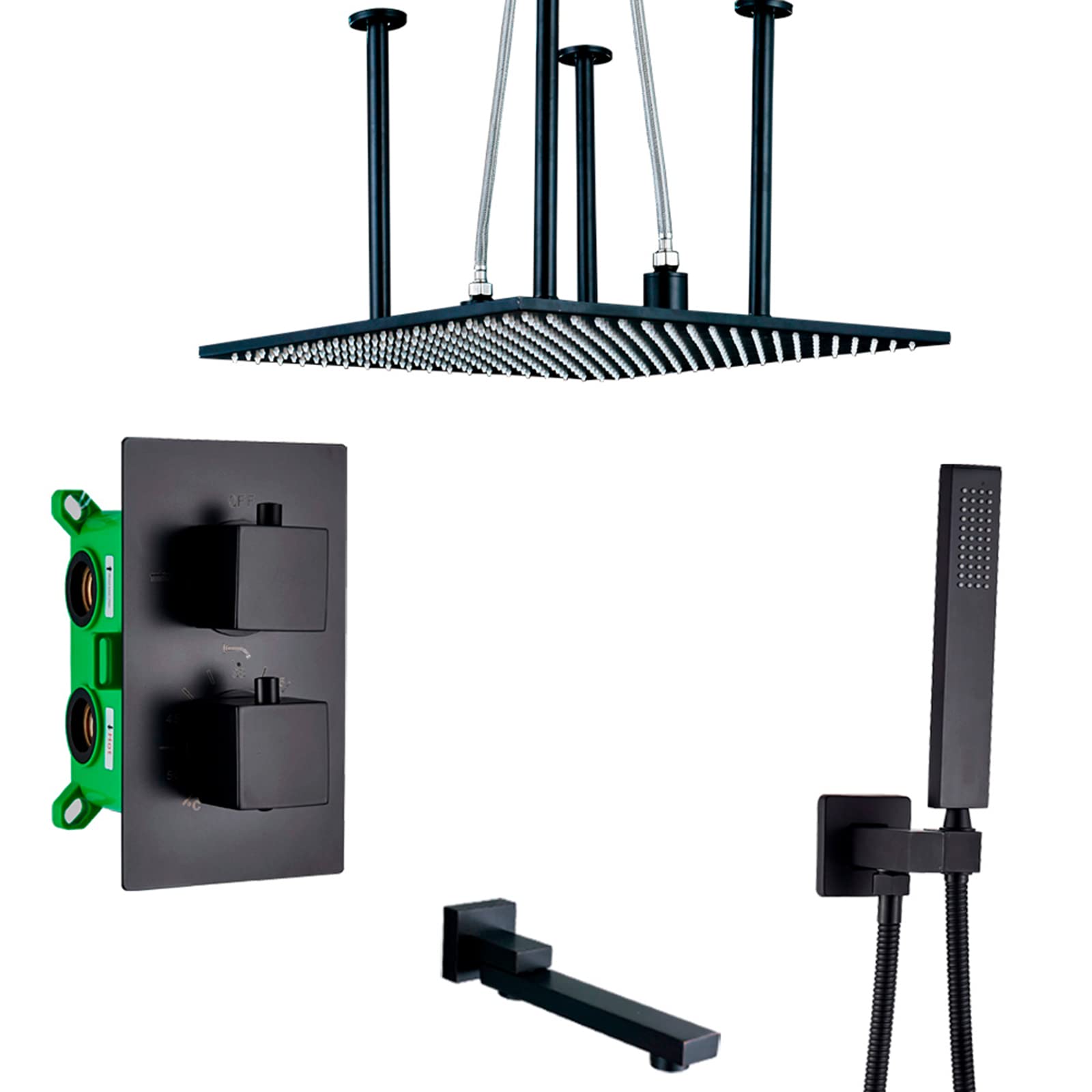 Système de douche encastré noir mat avec pommeau effet pluie LED de 20 pouces