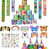 🐒 【33Pcs Slap Bracelets Fiesta Cumpleaños】15 diseños de impresión que incluyen tigre, jirafa, cebra, mono, león, zorro, panda, elefante, gato, dinosaurio, koala, conejo y más, 8 Máscaras y 10 Pegatinas, todo tipo de animales para que sus hijos elijan jugar.
