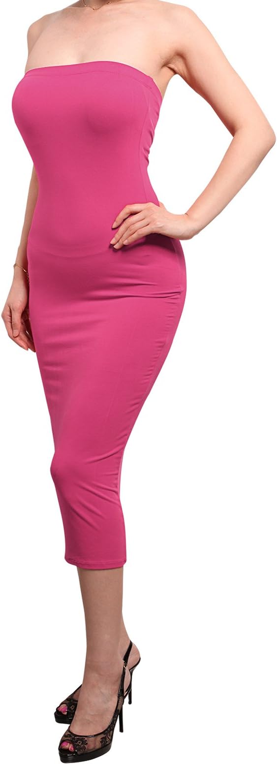 REVENINE Solid Sexy Comfortable Tube Top Bodycon Midi Dress Medium Magenta