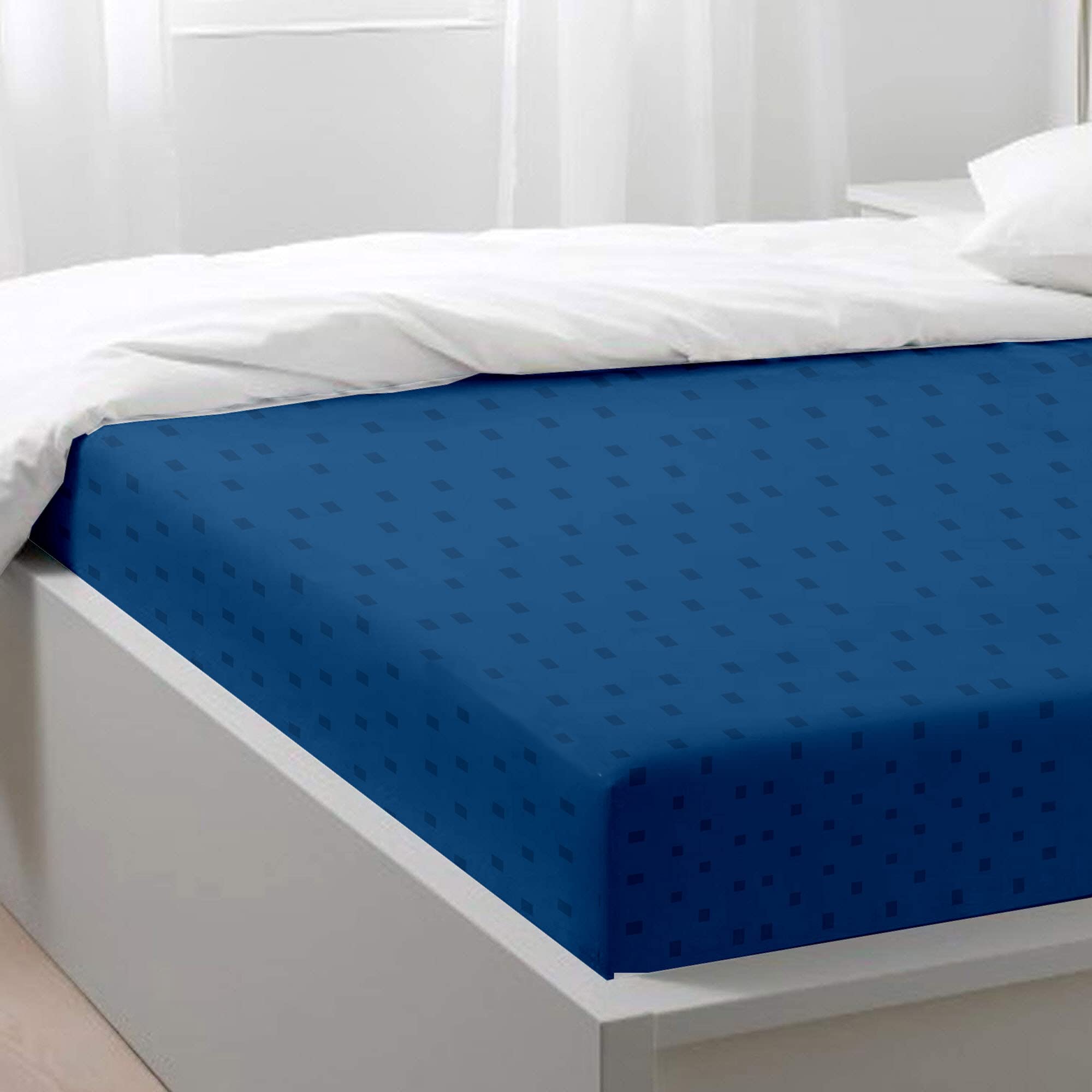 Blue Dahlia 300 TC Cotton Fitted Bedsheet for Double Bed,Sateen Weave Queen Size Bed Sheet,12" Deep Pocket- 1 Elastic Fitted Sheet (60"x80")+2 Pillow Covers,Bedding Set Oeko-TEX Certified-Blue