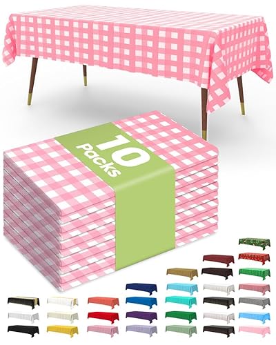 Pureegg Plastic Table Cloth Disposable 10 Pack, 54 x 108 Inch Table Cloths for Parties, Decorative Tablecloths for Rectangle Tables, Pink Plaid Plastic Table Cover, Leakproof & Sturdy, Pink Plaid